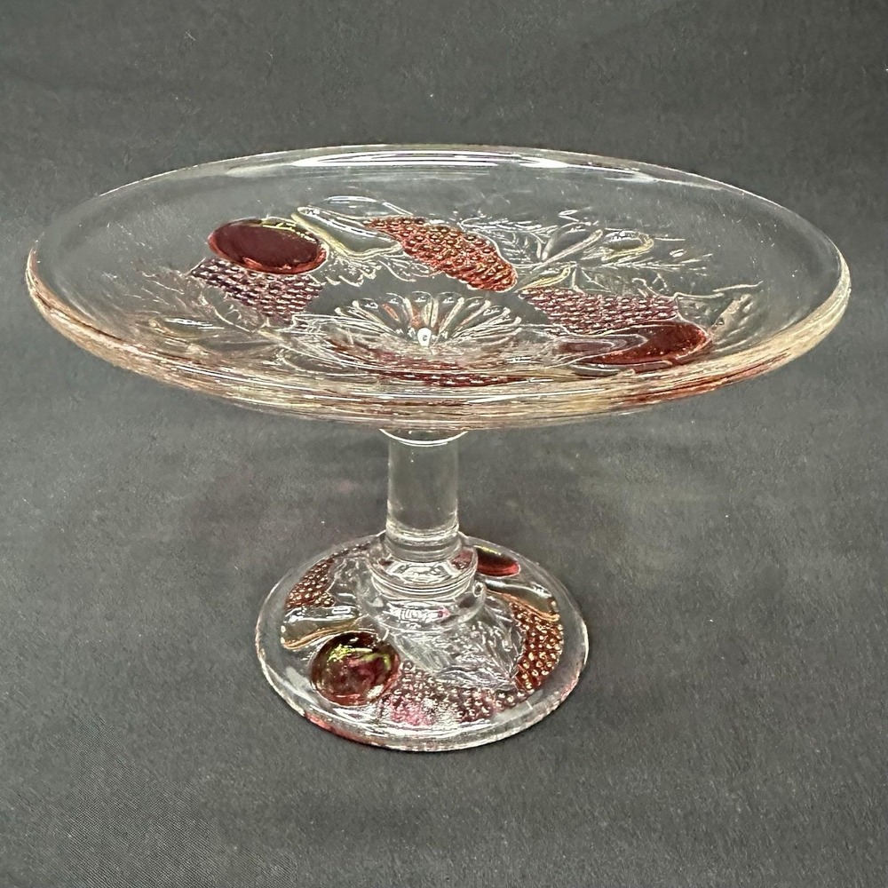 Westmoreland Della Robbia 6" Ruby Flashed Glass Compote w/Embossed Fruit Vintage